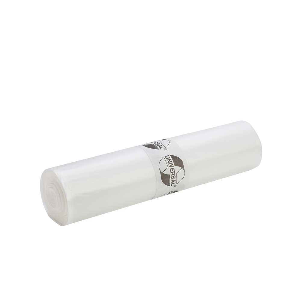 Eine Rolle DEISS 49001 Müllbeutel (700x1100x0,023 mm, 50 Stück) von EMIL DEISS KG (GmbH + Co.) mit weiß-schwarzem Etikett liegt auf schlicht weißem Hintergrund - ideal für effiziente Abfallentsorgung.