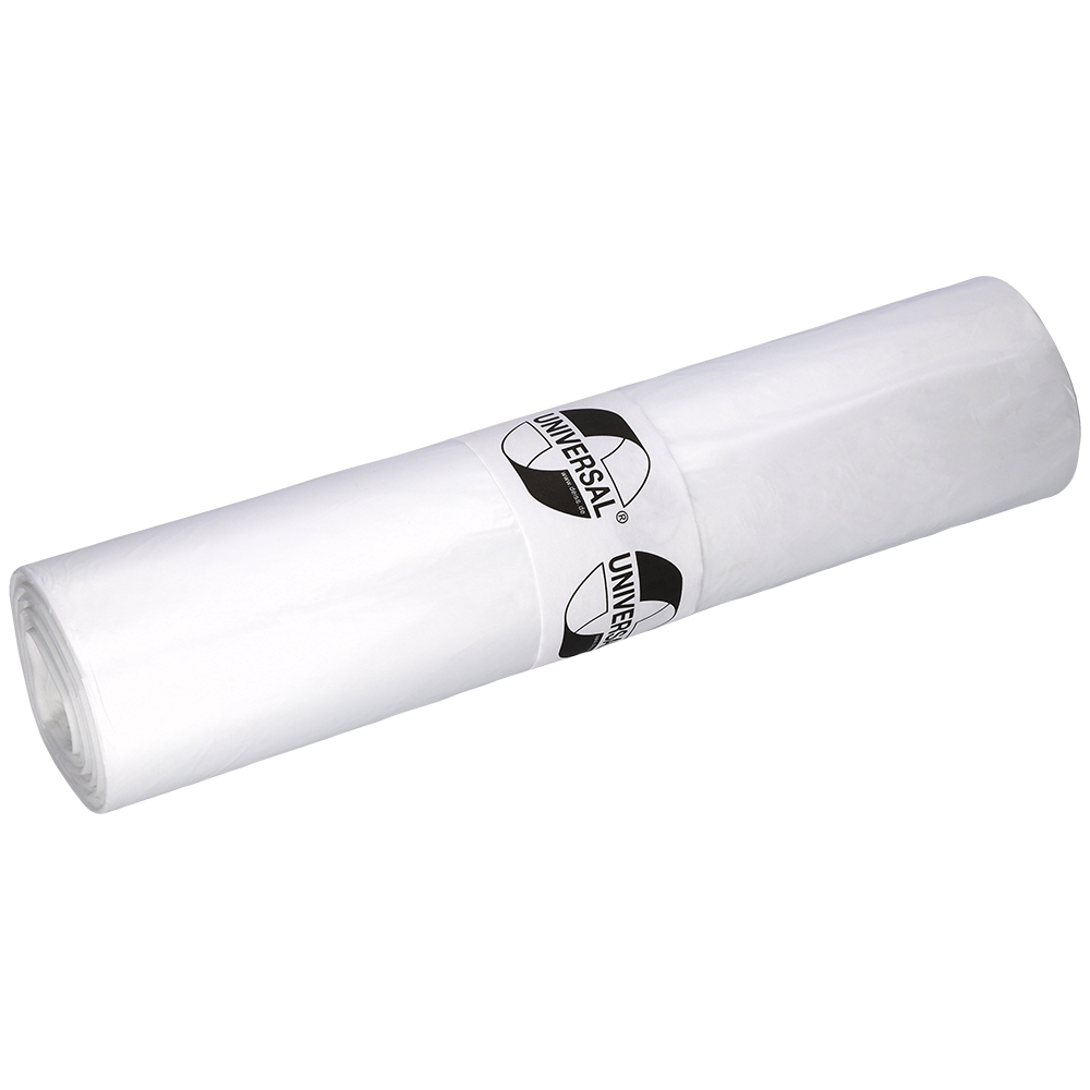 Eine Rolle transparenter DEISS 49002 Müllsäcke (700x1100x0,018 mm, 50 Stück) von EMIL DEISS KG (GmbH + Co.), ideal für die Abfallentsorgung, auf weißem Hintergrund.