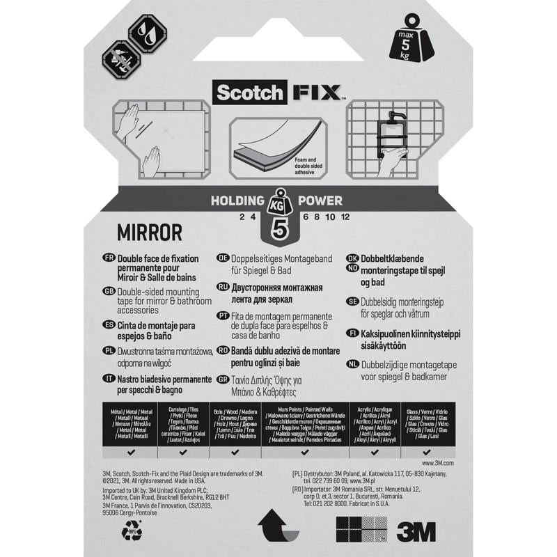 The back of a package of 3M Deutschland GmbH Scotch-FIX™ Mirror Mounting Tape 4496W shows the holding power, a multilingual mirror mounting guide, symbols for weight/surfaces, and product information at the bottom edge.
