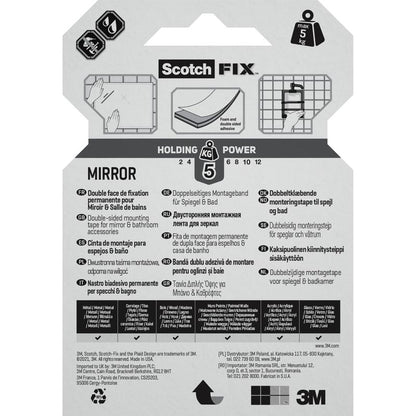 The back of a package of 3M Deutschland GmbH Scotch-FIX™ Mirror Mounting Tape 4496W shows the holding power, a multilingual mirror mounting guide, symbols for weight/surfaces, and product information at the bottom edge.