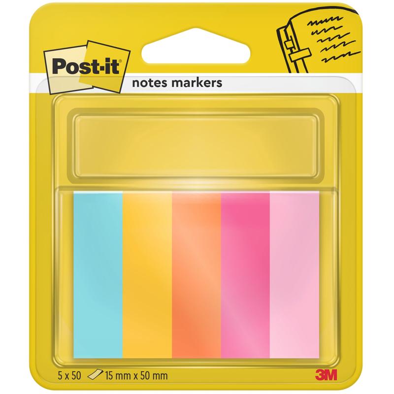 A pack of Post-it® Page Marker (15 mm x 50 mm, 50 sheets/block, 100% PEFC) from 3M Deutschland GmbH contains five colored tabs in blue, yellow, orange, pink, and light pink in a transparent holder on a yellow brand packaging.