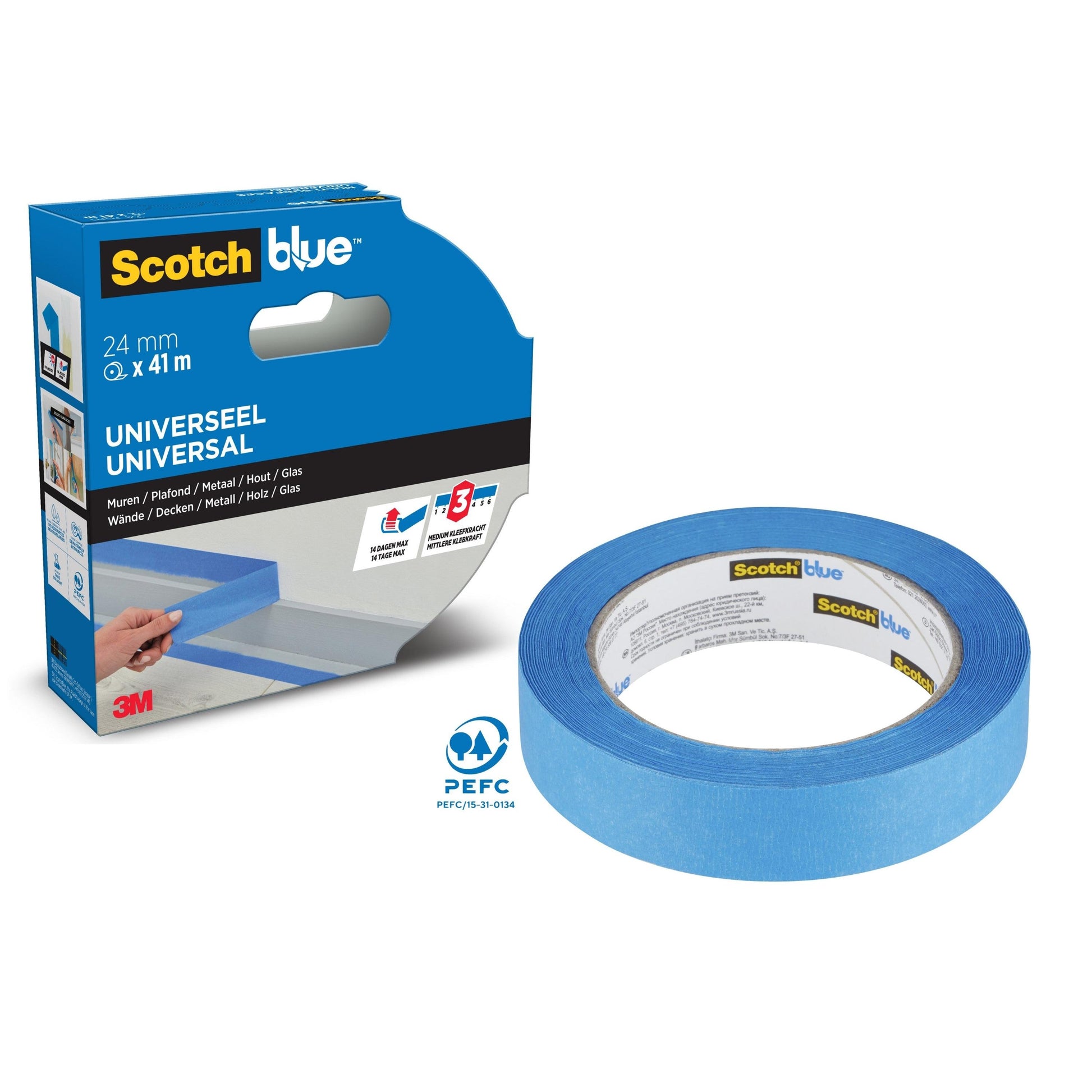 Eine Rolle ScotchBlue™ Malerabdeckband "Multi-Surface" der 3M Deutschland GmbH (24 mm x 41 m) wird neben der Verpackung gezeigt, die für den universellen Einsatz auf mehreren Oberflächen gekennzeichnet ist und das ScotchBlue- und 3M-Branding trägt.