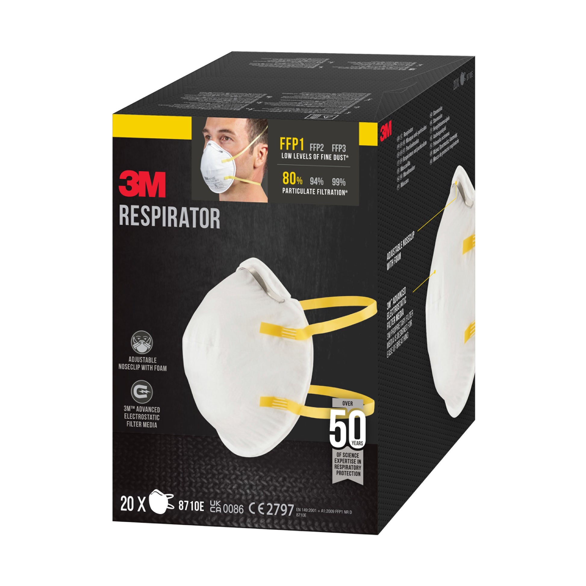 Eine Schachtel 3M™ Partikelmaske 8710E, FFP1, ohne Ventil von 3M Deutschland GmbH enthält 20 Masken mit 80 % Filtration. Die Verpackung zeigt die Maske und eine Person, die sie trägt.