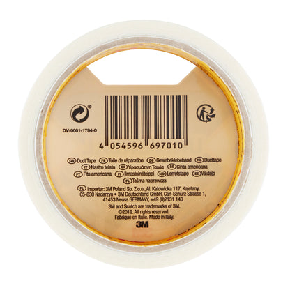 Eine Rolle Scotch® Universal Klebeband 2904 (10 m x 48 mm) der 3M Deutschland GmbH in der Draufsicht, mit Barcode, Produktinformation und "Duct Tape" in mehreren Sprachen auf dem inneren Kartonkern.