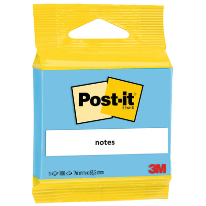 Eine Packung Post-it® Notes der 3M Deutschland GmbH, 100% PEFC, enthält 100 Blatt im Format 63,5 mm x 76 mm und ist gelb und blau mit dem Post-it Logo gestaltet.