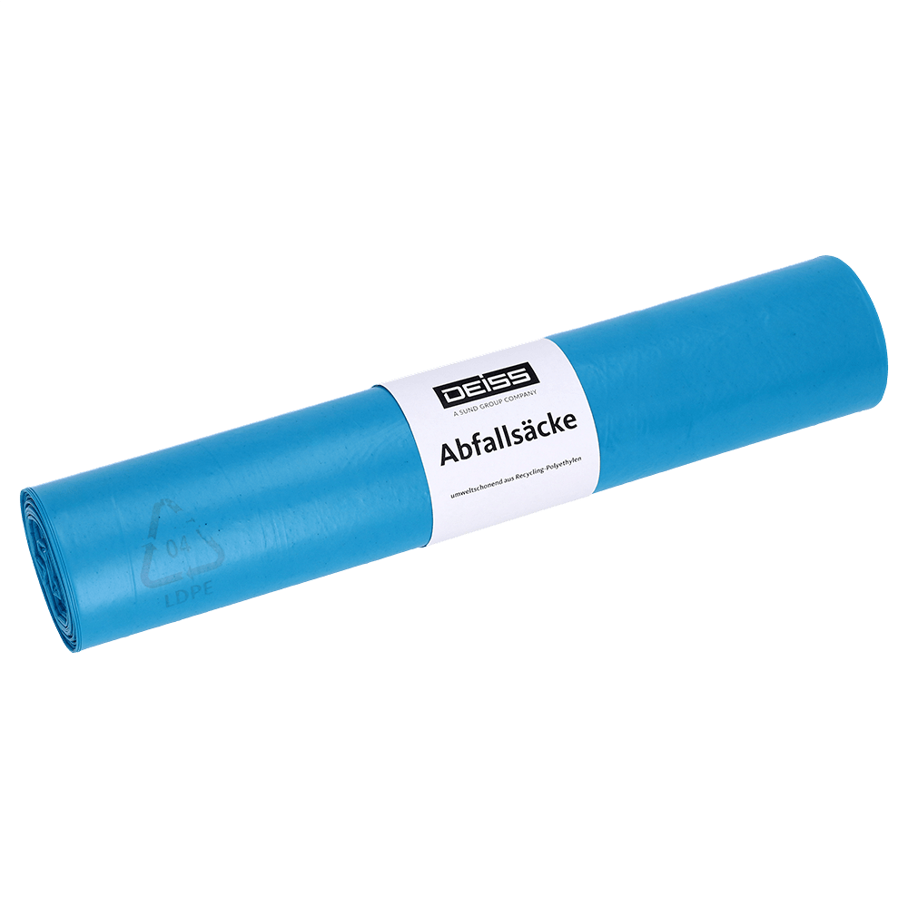 A rolled-up blue DEISS 50001 garbage bag roll (700x1100x0.014 mm, 50 bags) with a white label bearing the inscription "EMIL DEISS KG (GmbH + Co.)" and "Garbage Bags" stands on a plain white background.