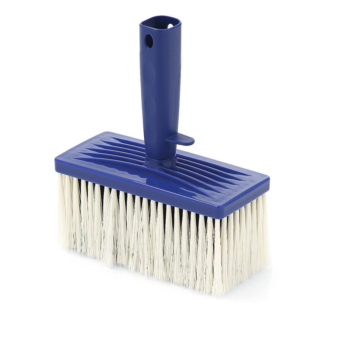 The Nölle Profi Brush Craftsman Ceiling Brush (17x7.5 cm, 70 mm bristles) from Nölle Profi Brush Brush & Paintbrush Technology e.K. has white bristles and a blue handle with a hole, perfect for painting work. 1 piece, pictured on a white background.