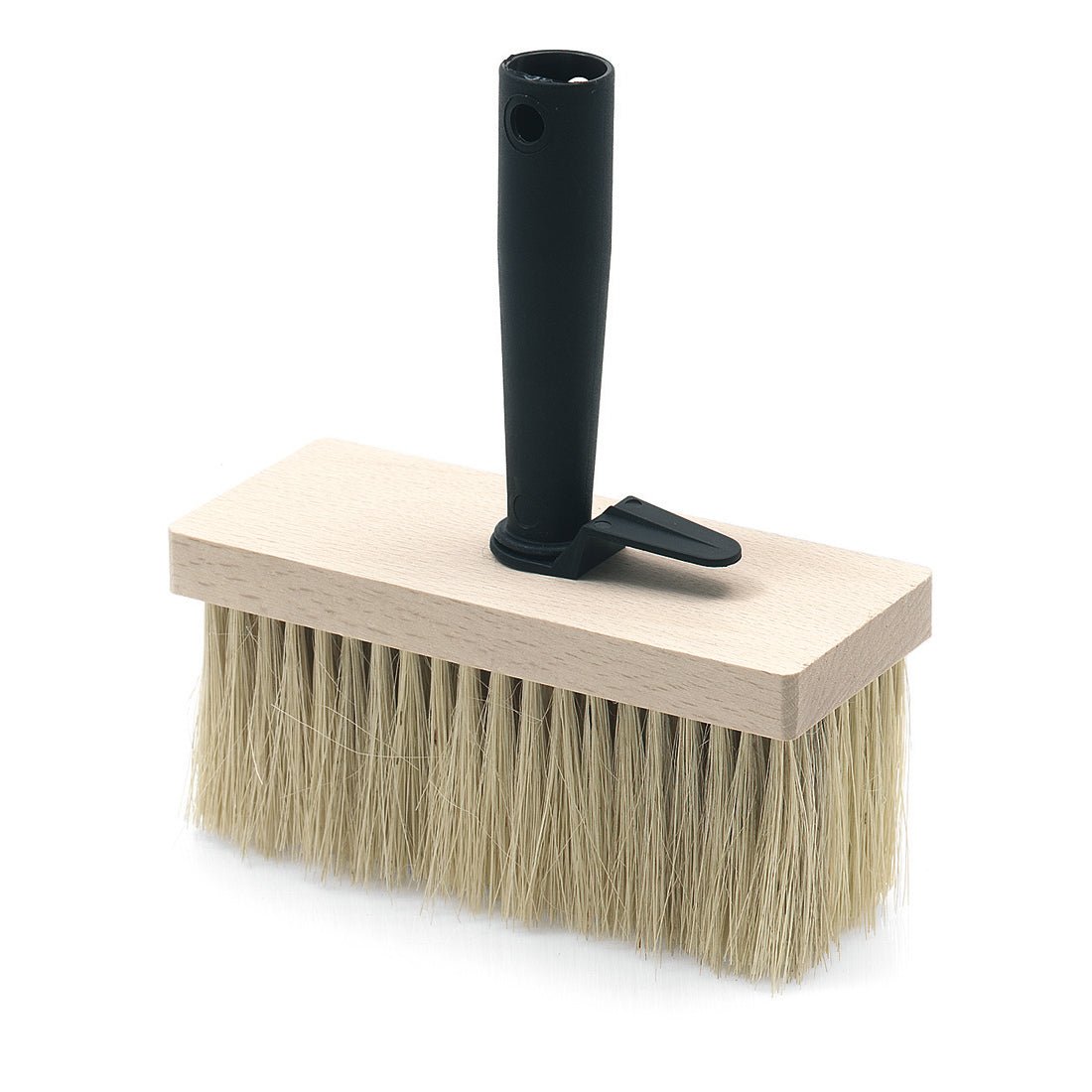 The Nölle Profi Brush ceiling brush from Bürsten- & Pinseltechnik e.K. features a 17x7 cm large, rectangular, flat wooden base, heat-resistant natural fiber bristles, and an angled black plastic handle.