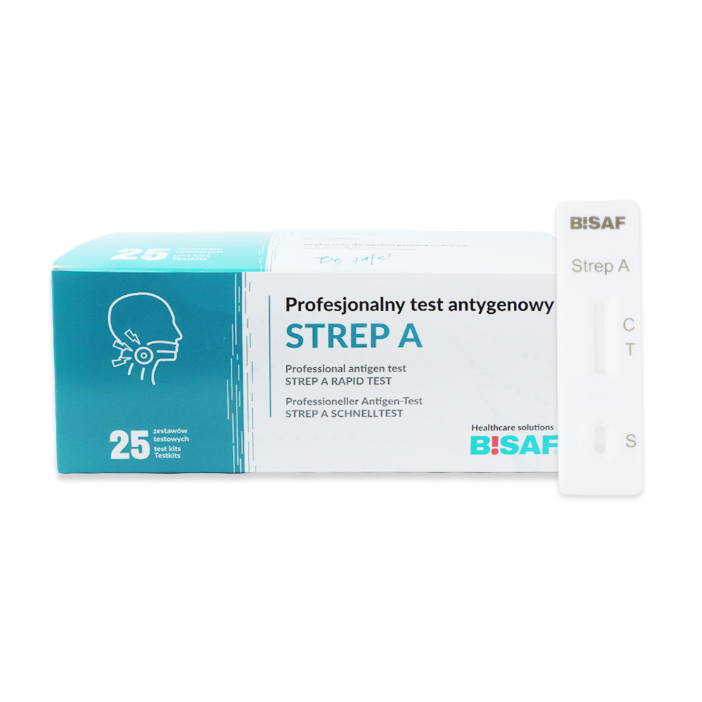 A box of Strep A - Bisaf Professional 25 Tests by Altruan is shown next to a white rapid test device labeled Strep A Rapid Test with the areas "C" and "T". The package contains 25 tests for Group A Streptococcus throat swab.