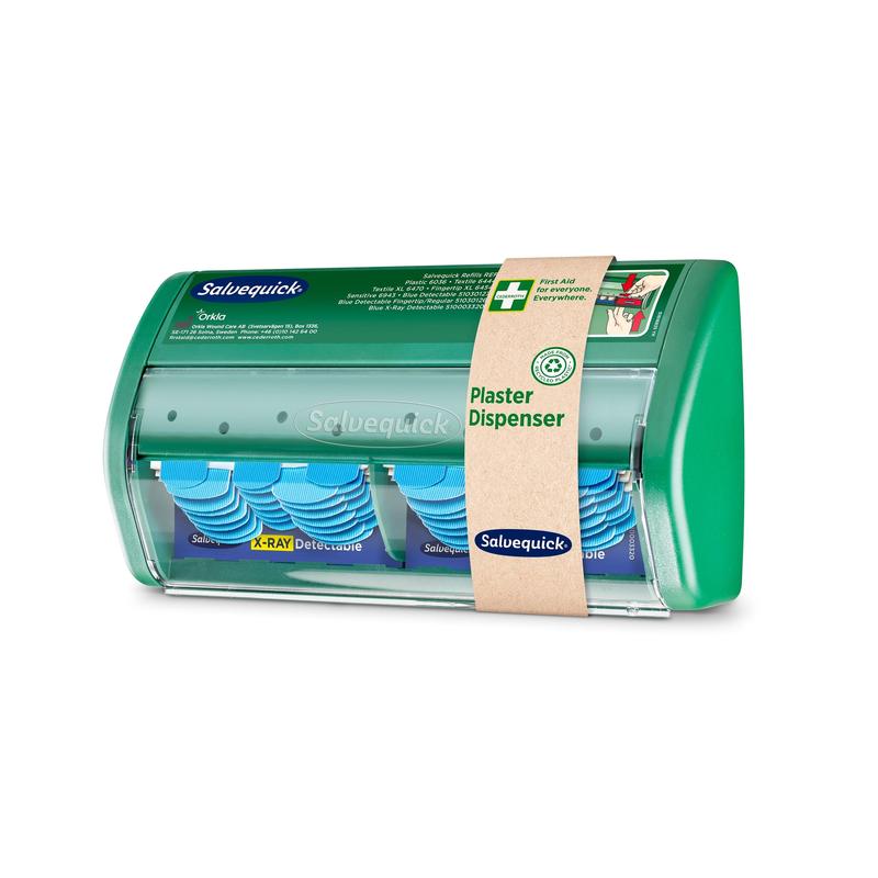 The Orkla Wound Care AB Salvequick X-ray detectable plaster dispenser is delivered in a transparent plastic case with 2x30 detectable plaster cartridges and is packaged in a cardboard sleeve labeled "Plaster Dispenser".