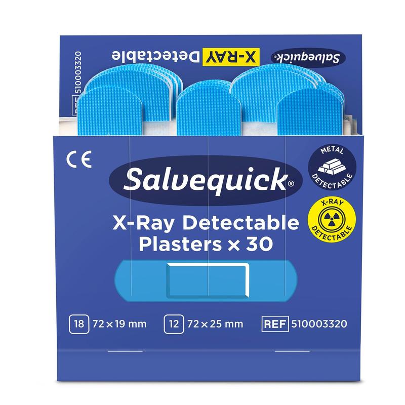 An opened box of Orkla Wound Care AB Salvequick X-ray detectable (30 pieces refill) contains several blue, metal and X-ray detectable plasters. The packaging is blue and white. The pack contains 6 pieces.