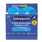 An opened box of Orkla Wound Care AB Salvequick X-ray detectable (30 pieces refill) contains several blue, metal and X-ray detectable plasters. The packaging is blue and white. The pack contains 6 pieces.