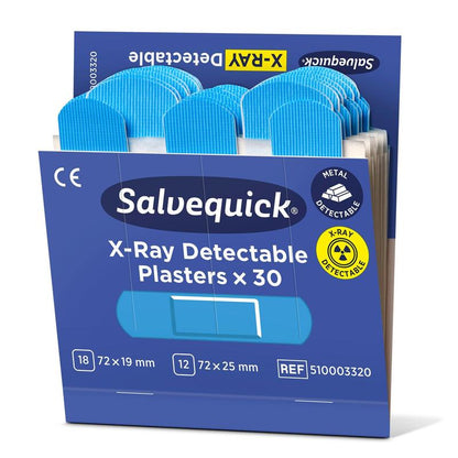 A box of Orkla Wound Care AB Salvequick X-ray detectable, 30 pieces/refill plasters (pack of 6), with metal and X-ray detectable plasters in two sizes.