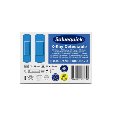 Box of Orkla Wound Care AB Salvequick X-ray detectable (30 pieces/refill), pack of 6 pieces, shows blue plasters on the left and right product information like size, quantity, and multilingual text.