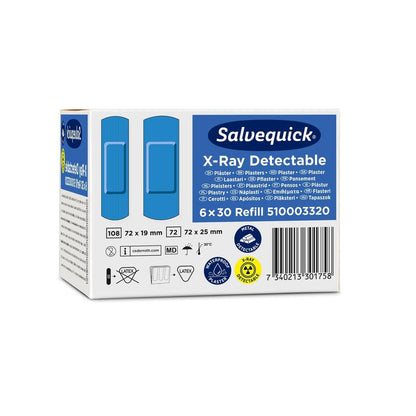 A package of Salvequick X-ray detectable from Orkla Wound Care AB, 6 x 30 pieces refill (total 180 plasters), with product information, symbols, barcodes, and blue plaster graphic on the box.