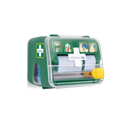 The Cederroth soft foam bandage 2-in-1 dispenser from Orkla Wound Care AB is a green-white wall set with a transparent lid that contains bandage material (6 pieces) and features a pictorial guide on the front.