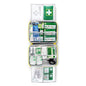 The LARGE DIN first aid kit from Orkla Wound Care AB contains bandages, gauze, cold packs, scissors, adhesive tape, antiseptic wipes, and first aid instructions - neatly organized in labeled compartments. Package: 1 piece.