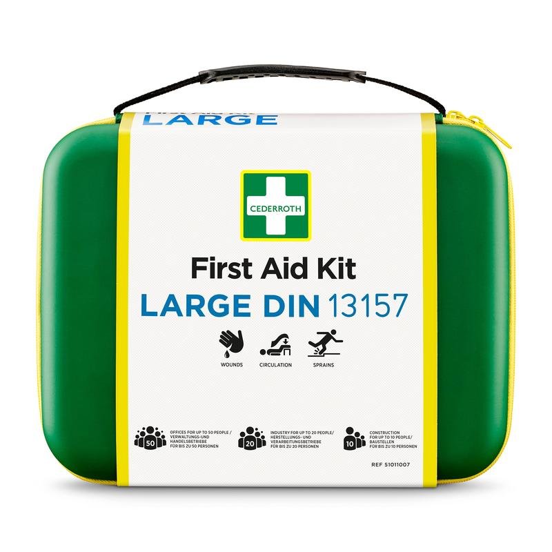 A green LARGE DIN first aid kit from Orkla Wound Care AB with symbols for wounds, circulation, and sprains. The case has a handle and a white front with blue/black text. Package (1 piece).