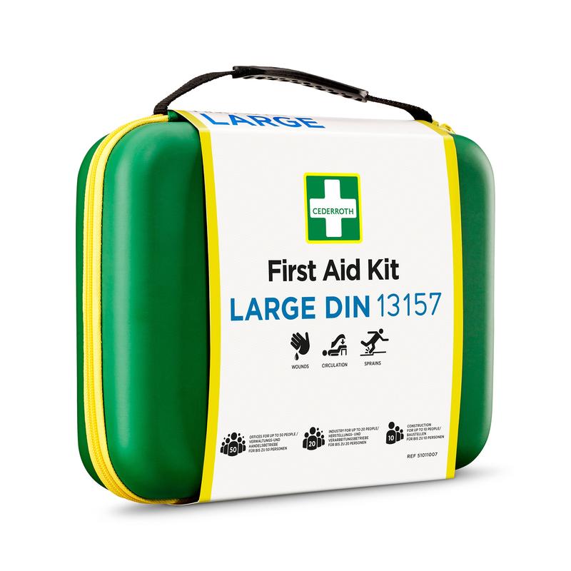 A green-yellow hard-shell first aid kit with a handle, labeled "LARGE DIN first aid kit | Package (1 piece)" from Orkla Wound Care AB. The label shows symbols for wounds, circulation, and sprains and complies with strict DIN standards.