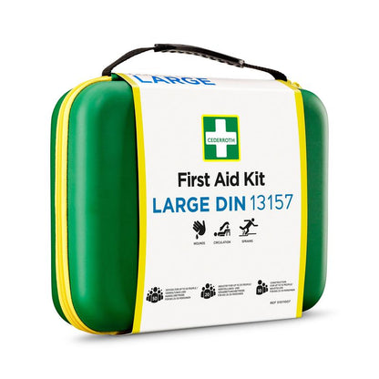 A green-yellow hard-shell first aid kit with a handle, labeled "LARGE DIN first aid kit | Package (1 piece)" from Orkla Wound Care AB. The label shows symbols for wounds, circulation, and sprains and complies with strict DIN standards.