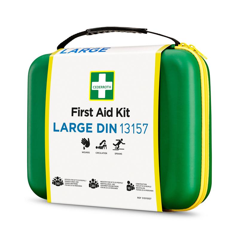 A green Orkla Wound Care AB LARGE DIN first aid kit (Package, 1 piece) with a yellow zipper and handle for wounds, circulation, and sprains is provided with pictograms on a white background and complies with the DIN standard.