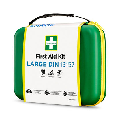 A green Orkla Wound Care AB LARGE DIN first aid kit (Package, 1 piece) with a yellow zipper and handle for wounds, circulation, and sprains is provided with pictograms on a white background and complies with the DIN standard.