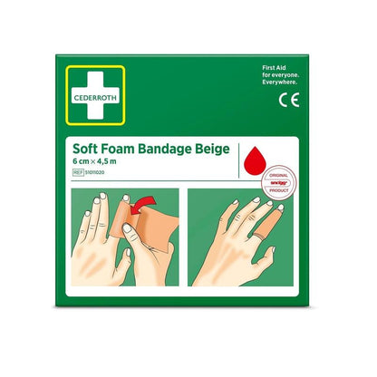 On a green box of Orkla Wound Care AB Cederroth soft foam bandage beige 6 cm x 4.5m (1 piece), there are two images: one shows a hand applying the bandage to a finger, and another with a wrapped finger.