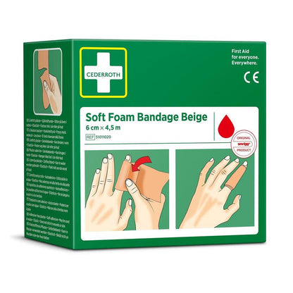A green box of Orkla Wound Care AB Cederroth soft foam bandage beige 6 cm x 4.5m (1 piece) shows an illustrated guide for wrapping fingers/hands, product information, and a red drop symbol.
