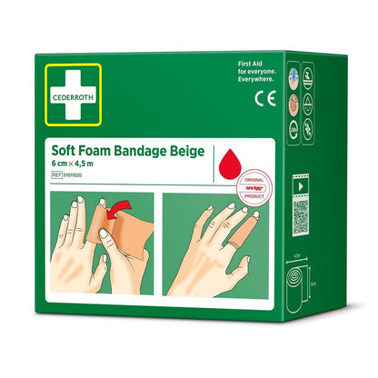 A green box with the label "Cederroth soft foam bandage beige 6 cm x 4.5m | Package (1 piece)" from Orkla Wound Care AB, with first aid symbols, a red drop symbol, and illustrations for applying finger bandages.