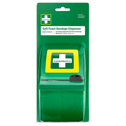 The Orkla Wound Care AB Cederroth Soft Foam Bandage Dispenser, blue (1 piece), comes in packaging featuring a white cross on a green background with clear labeling and contains a roll of blue, self-adhesive bandages for first aid treatment of injuries.
