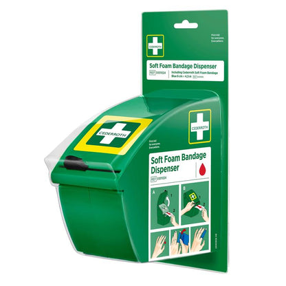 The Cederroth Soft Foam Bandage Dispenser (Blue) from Orkla Wound Care AB is a wall-mounted first-aid dispenser that holds blue self-adhesive foam rolls. The packaging includes product information, the brand logo, and illustrated instructions. Package (1 piece).