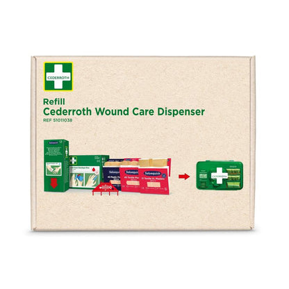 A box labeled "Cederroth first aid refill pack for Cederroth wound care dispenser ref 51011006" from Orkla Wound Care AB, with wound care products and a green dispenser. The Cederroth logo is located in the upper left corner.