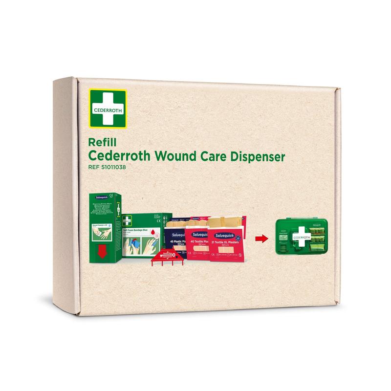 A box labeled "Cederroth First Aid Refill Pack for Wound Care Dispenser REF 51011006" from Orkla Wound Care AB, showing various first aid products and a green dispenser on the front.