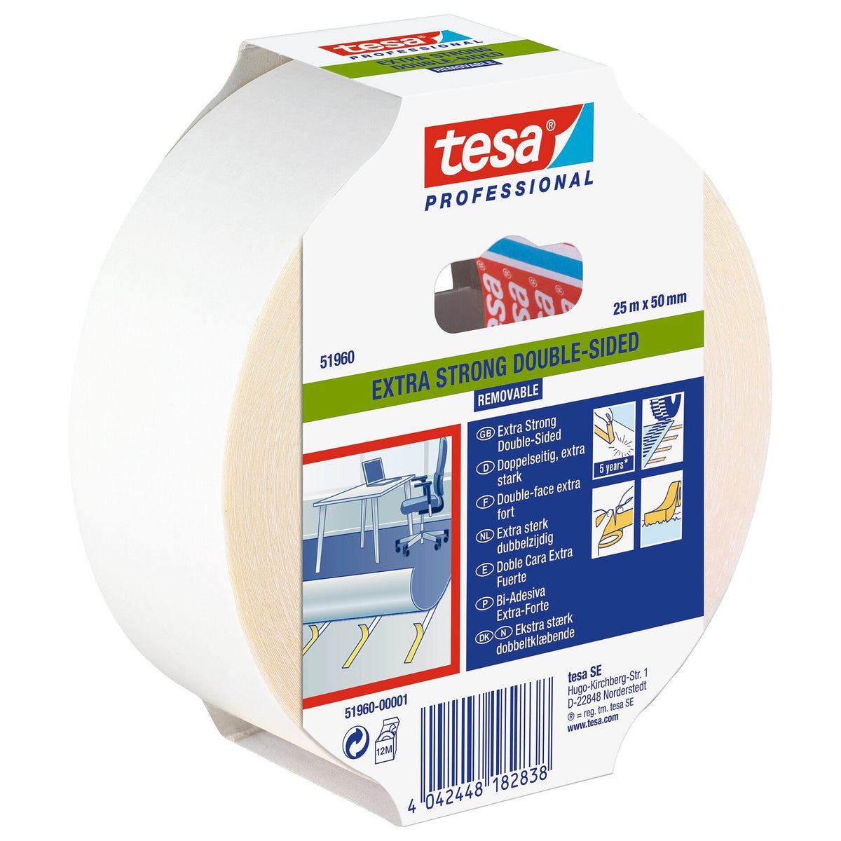 tesa Professional 51960 Professional Installation Tape, removable, white-translucent, 25 m x 50 mm