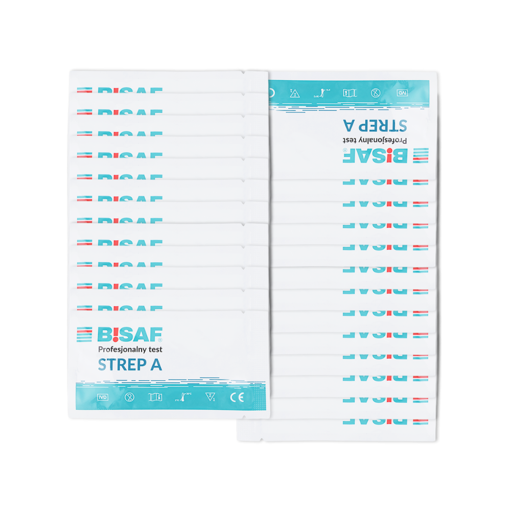 An opened box of Altruan Strep A - Bisaf Professional 25 Tests (pack of 25) shows individually packaged test packets in blue and white, neatly arranged - perfect for Group A Streptococcus detection via throat swab.