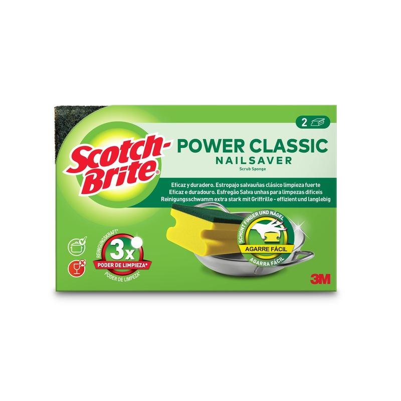 Bosca Scotch-Brite® Classic Griffschwamm (2 phíosa in aghaidh an phacáiste) ó 3M Deutschland GmbH, le dhá spúinse buí-uaine, brandáil infheicthe, príomhghnéithe feidhmíochta glantacháin agus téacs i Spáinnis, Portaingéilis agus Gearmáinis ar chúlra bán.