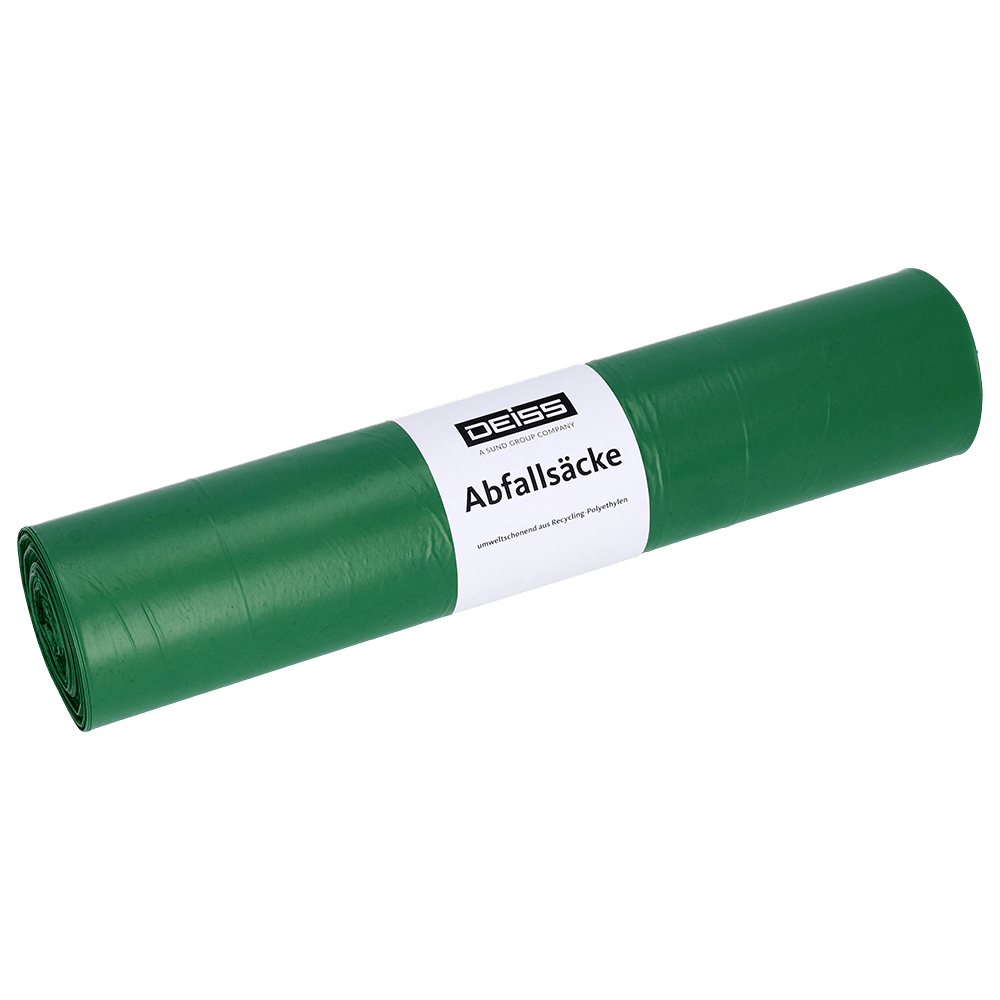 Tá rolla de mhálaí bruscair DEISS 52001 (700x1100 mm, Cineál 20, glas, 50 píosa) ó EMIL DEISS KG (GmbH + Co.) suite ar chúlra bán aon-dath le lipéad bán a léiríonn an branda agus na sonraí táirge.