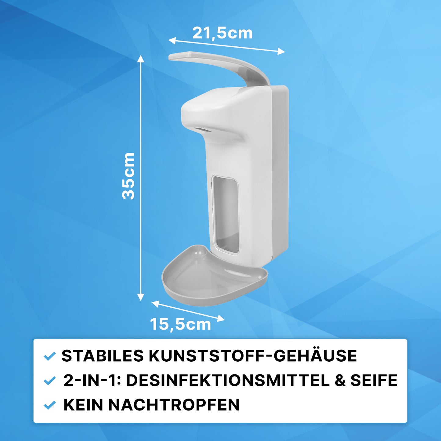 Der ARNOMED DISPENSER ABS von ARNOWA GmbH, ein manueller Seifen- und Desinfektionsmittelspender aus ABS-Kunststoff (35x21,5x15,5 cm), wird vor blauem Hintergrund präsentiert; deutsche Texte betonen seine Vorteile.