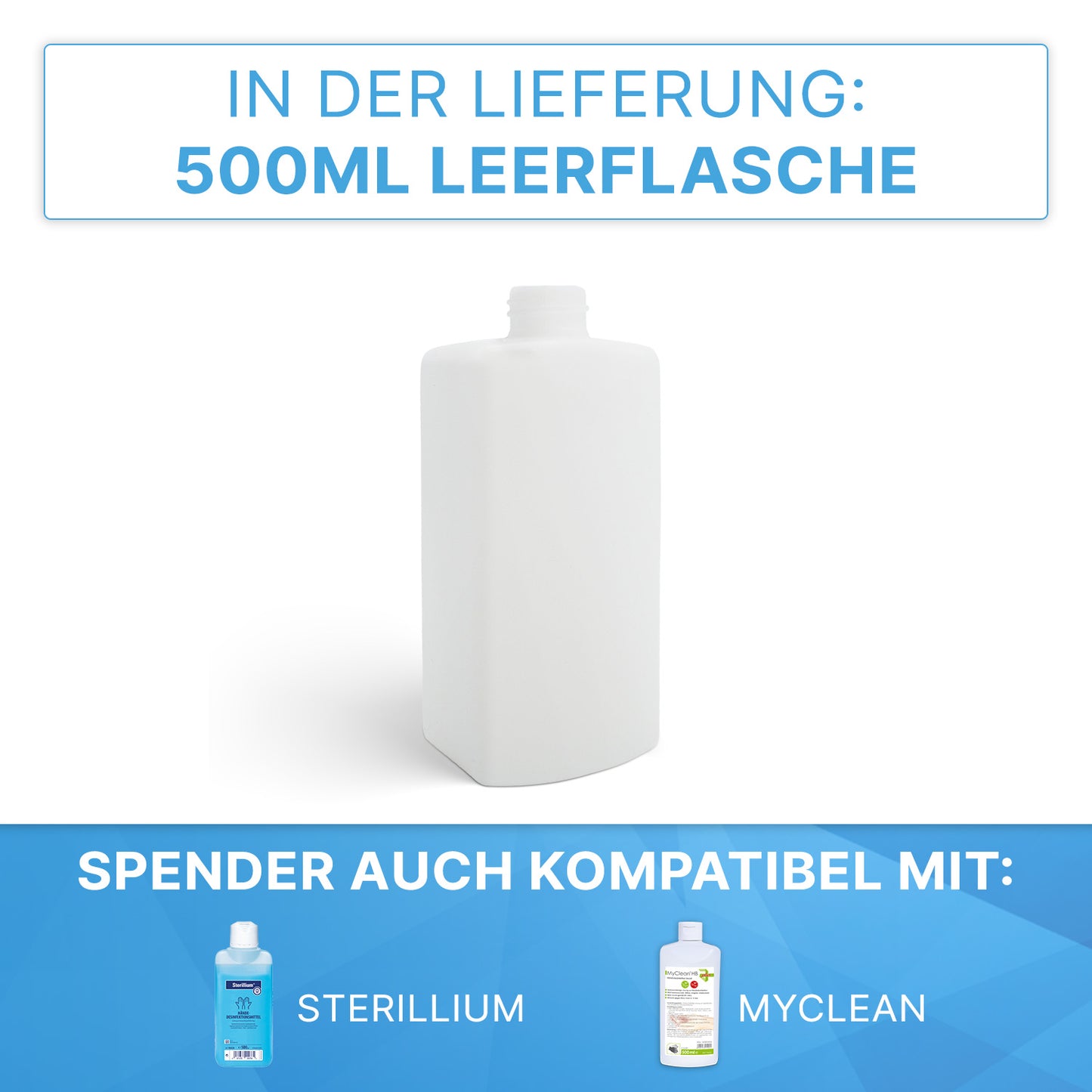 Abgebildet ist ein weißer 500ml ARNOMED DISPENSER ABS der ARNOWA GmbH. Oben bestätigt der deutsche Text, dass die leere Flasche enthalten ist. Unten, blauer Text weist darauf hin, dass dieser manuelle Spender für Sterillium- und MyClean-Produkte geeignet ist.