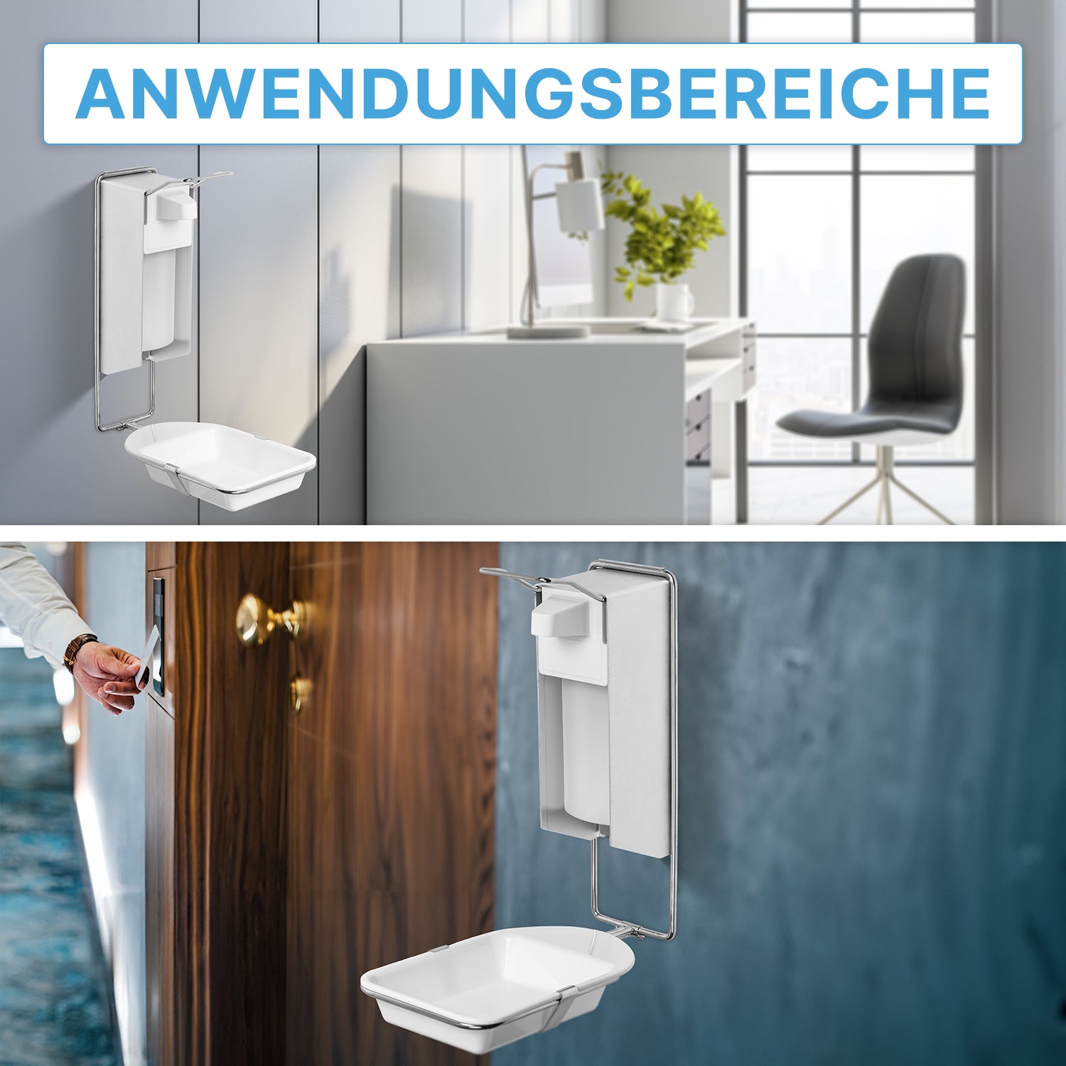 Die ARNOMED DISPENSER TROPFSCHALE, eine Tropfschale für die Seifen- und Desinfektionsmittelspender der ARNOWA GmbH, ist in einem Büro und an einem Eingang, wo sie verwendet wird, an der Wand angebracht. Oben steht "ANWENDUNGSBEREICHE".