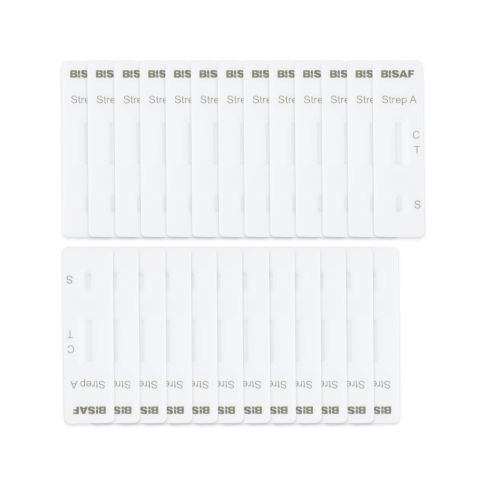 Eighteen white "Strep A - Bisaf Professional 25 Tests" kits by Altruan are arranged in two rows on a white background. Each test has C-, T-, and S-markings for detecting Group A streptococci from a throat swab.