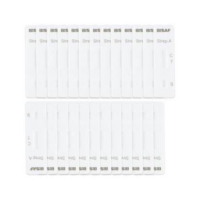 Eighteen white "Strep A - Bisaf Professional 25 Tests" kits by Altruan are arranged in two rows on a white background. Each test has C-, T-, and S-markings for detecting Group A streptococci from a throat swab.