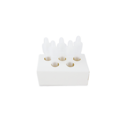 A white, rectangular holder with six holes contains four transparent dropper bottles from the Altruan Strep A - Bisaf Professional 25 Tests | Pack (25 pieces) kit, displayed against a plain white background.
