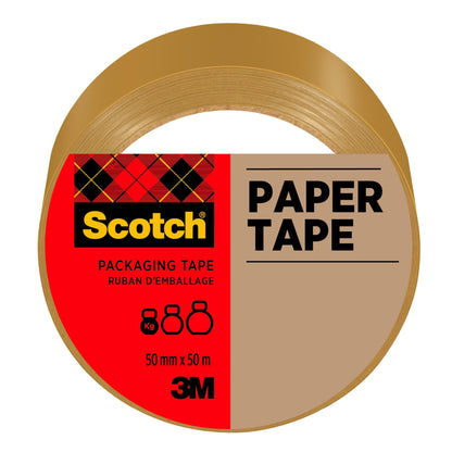Eine Rolle Scotch® Verpackungsklebeband aus Papier, Braun, 50 mm x 50 m von 3M Deutschland GmbH. Das Etikett zeigt das Scotch-Logo, "PAPER TAPE", die Größe und das 3M-Logo - ideal zum sicheren Verpacken und Verschließen.