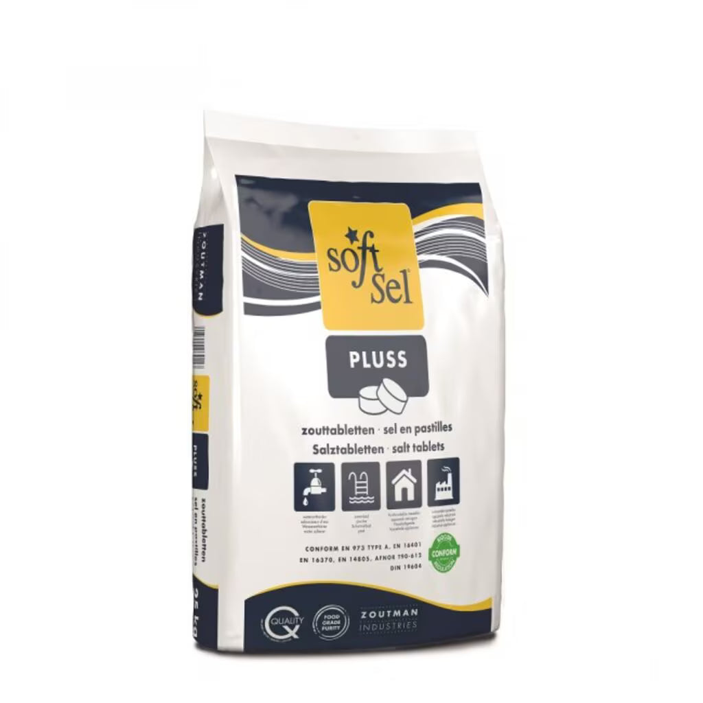 Tá mála bán-buí 25-kg leis an inscríbhinn "Táibléid Salainn" le haghaidh bogadh uisce le téacs ilteangach, siombailí feidhmíochta tionsclaíocha agus an branda "Diversey Deutschland GmbH & Co. OHG" ar an mbun.