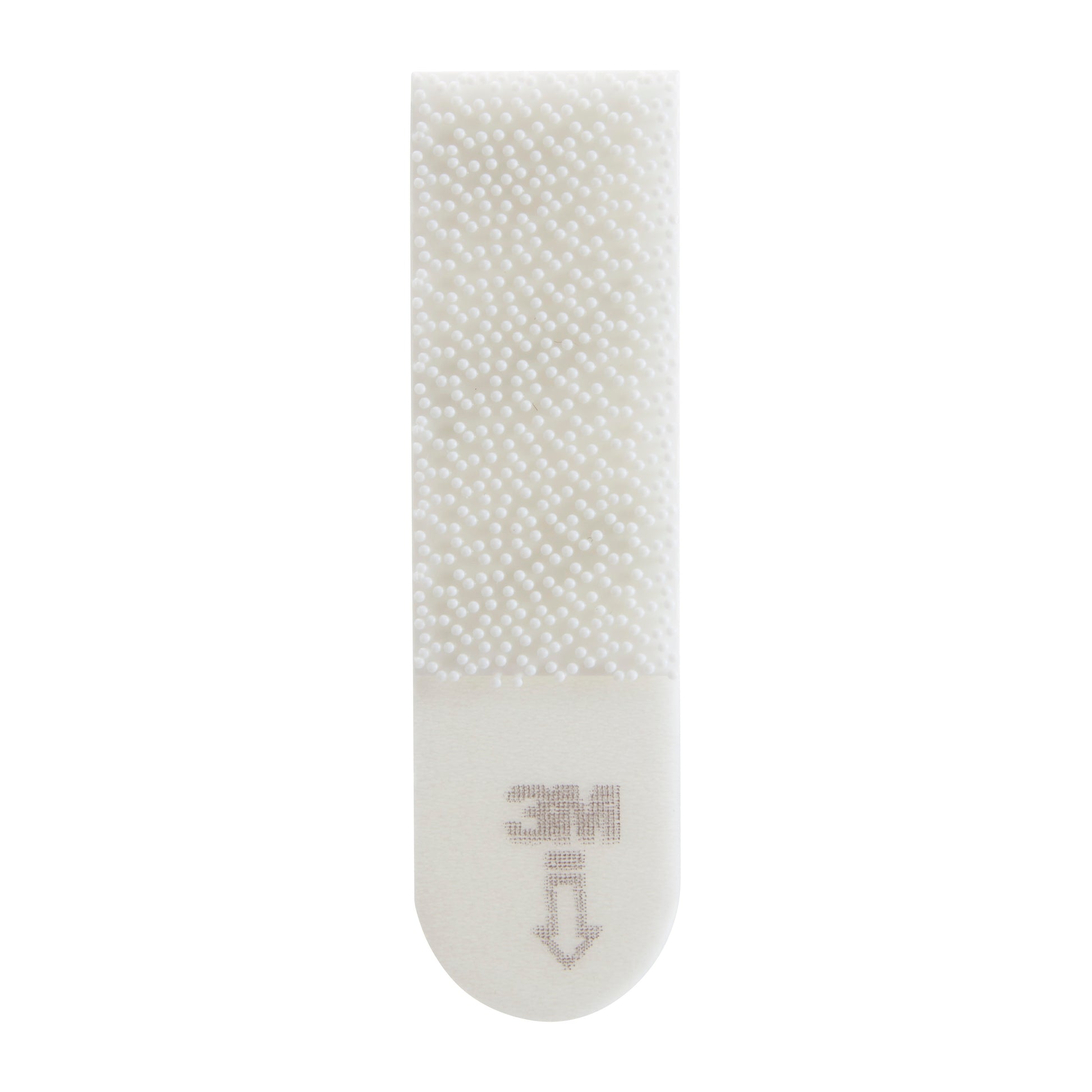 Der Kleine weiße Command™ Bilder-Montage Strips S 17202FGN von 3M Deutschland GmbH hat einen strukturierten weißen Klebestreifen mit einem abgerundeten Ende und einem grauen Pfeil über dem "3M"-Logo, der die Anwendungs- oder Ablöserichtung anzeigt.