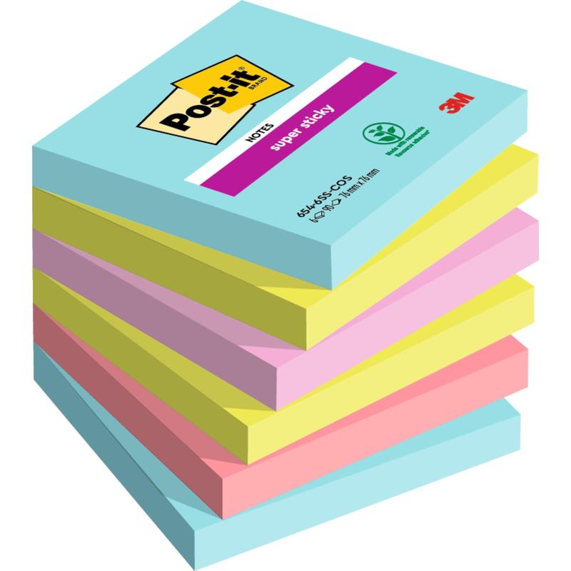 A stack of six 3M Post-it® Super Sticky Notes, 76 mm x 76 mm, each block with 90 sheets in the colors blue, yellow, green, pink, orange, and light blue. The top block is branded and features a 100% PEFC eco-logo.