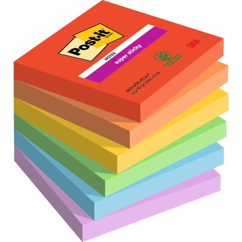 A stack of eight 76 mm x 76 mm Post-it® Super Sticky Notes by 3M Deutschland GmbH in various colors, each block contains 90 sheets and is made from 100% PEFC certified paper.