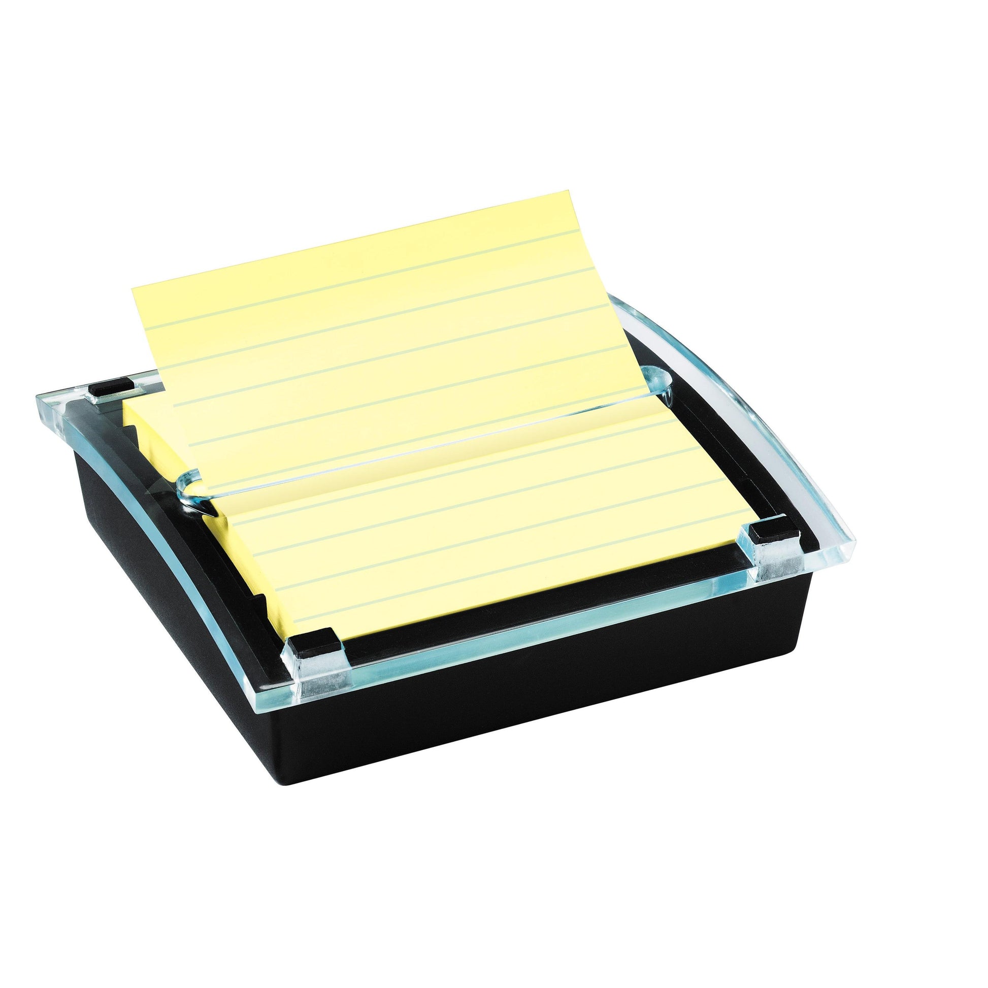 Der 3M Post-it® Z-Notes Dispenser XL in Schwarz fasst eine Packung großer, gelber, linierter Super Sticky Z-Notes (101 x 101 mm, 90 Blatt), wobei eine Notiz für den einfachen Zugriff teilweise angehoben ist.