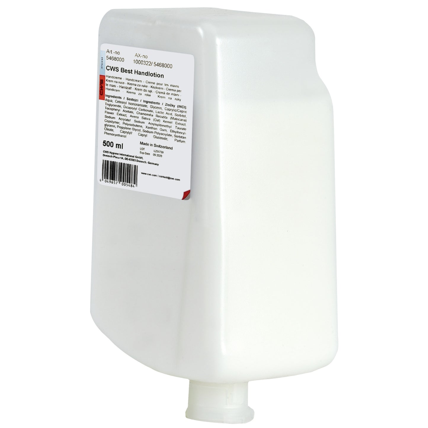 Buidéal bán dronuilleogach 500 ml de lóiseann láimhe CWS le faisnéis faoin táirge, cód barra agus beannán beag bun le haghaidh cúram láimhe laethúil agus ardchaighdeáin. Leis an inscríbhinn "CWS Handlotion, Best Handlotion 500 ml | Buidéal (500 ml)".